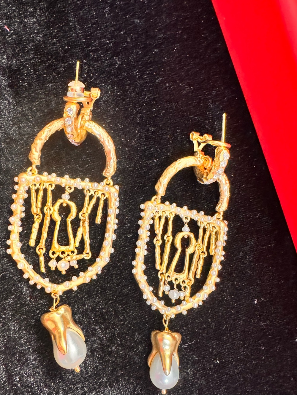 Schiaparelli inspired Gold Pearl Drop Lock & Key Dangle Earrings - Women Jewelry